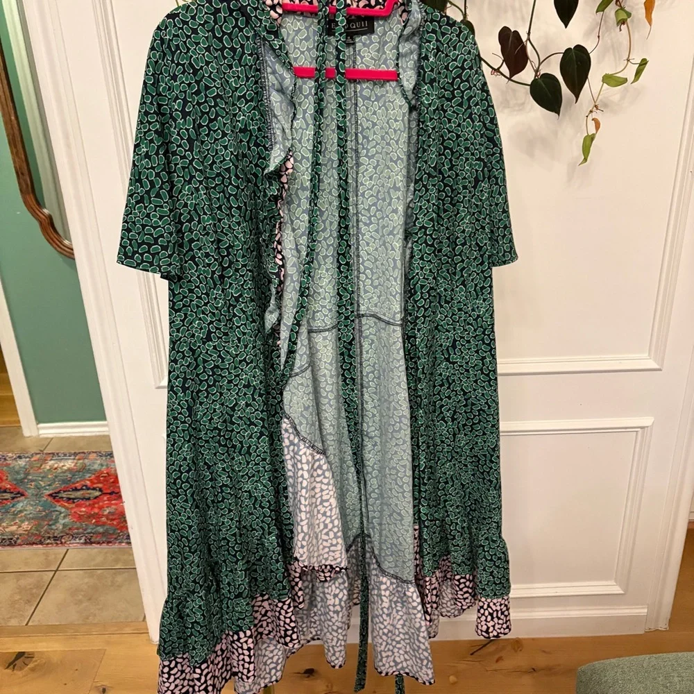 Eloquii Green and Pale Pink Ruffle Wrap Dress - Picture 4 of 5